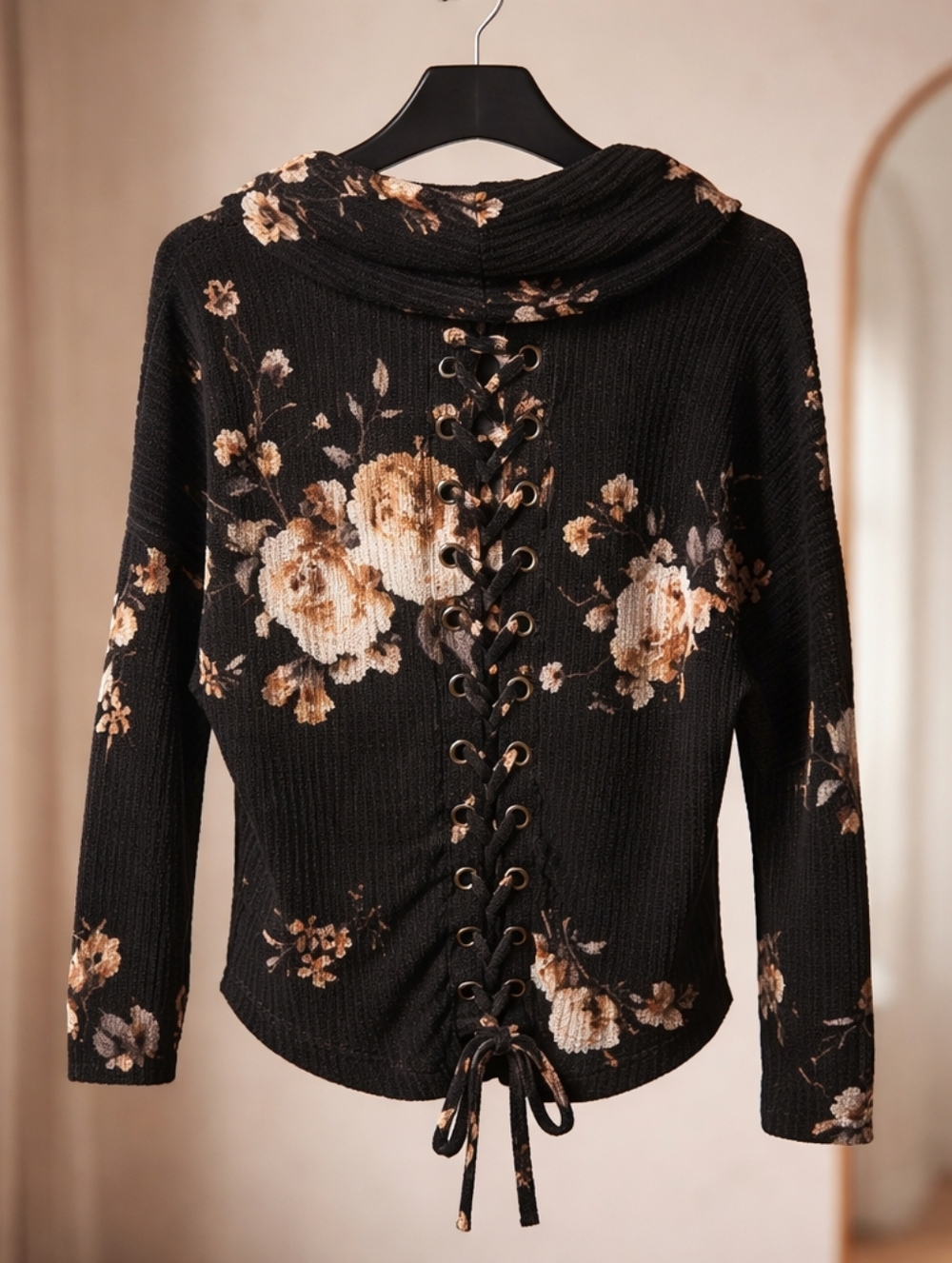 Maurices Black Floral Cowl Neck Sweater Extra Small Lace Up Back - Picture 6 of 11